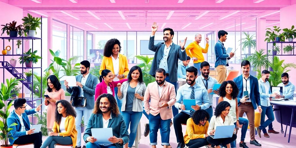 Diverse professionals collaborating in a modern business setting.