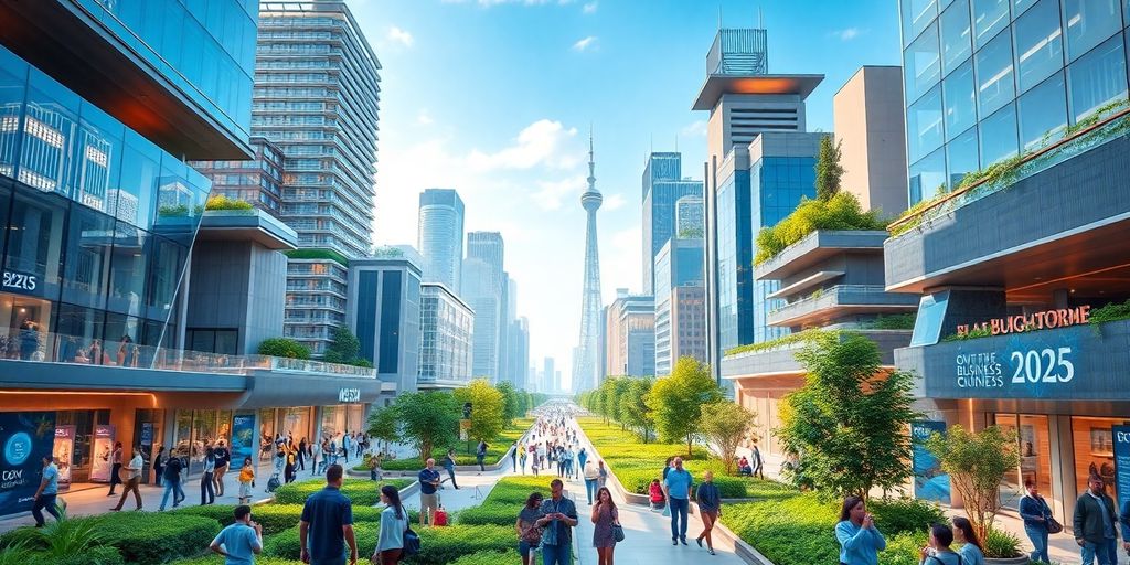 Futuristic cityscape with innovative architecture and green spaces.