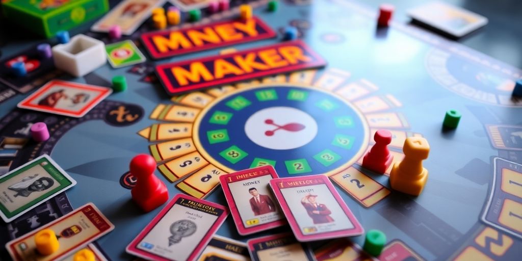 Colorful Money Maker board game with pieces and cards.