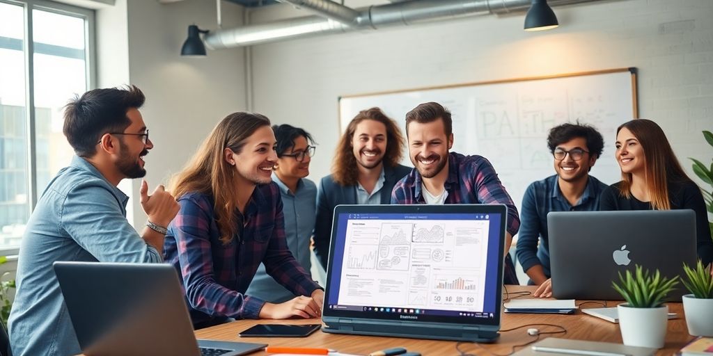 Diverse entrepreneurs collaborating in a modern workspace.