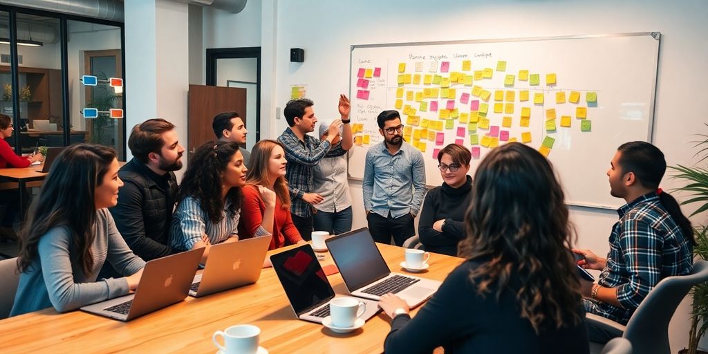 Entrepreneurs collaborating in a lively co-working space.