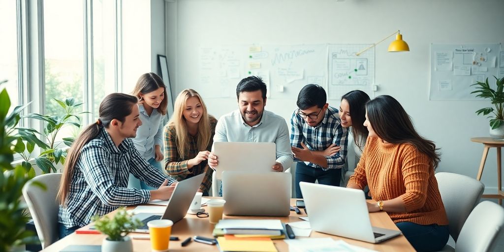 Group of entrepreneurs collaborating in a modern workspace.