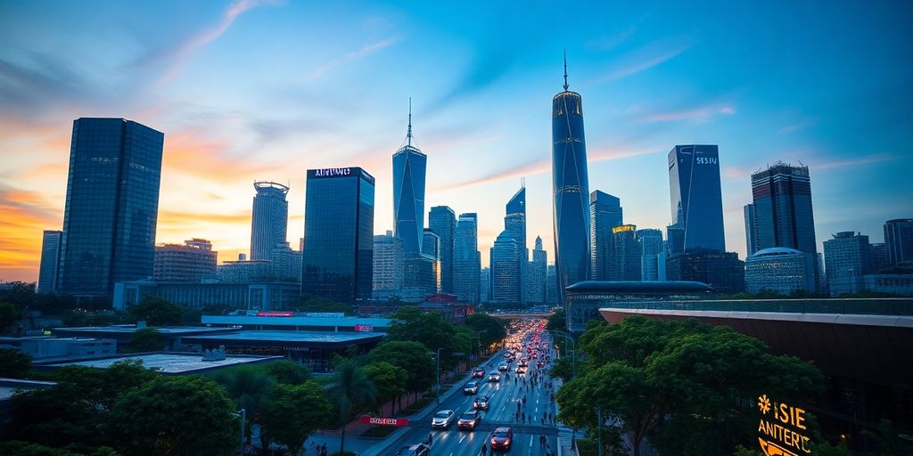 City skyline at dusk with modern skyscrapers and greenery.