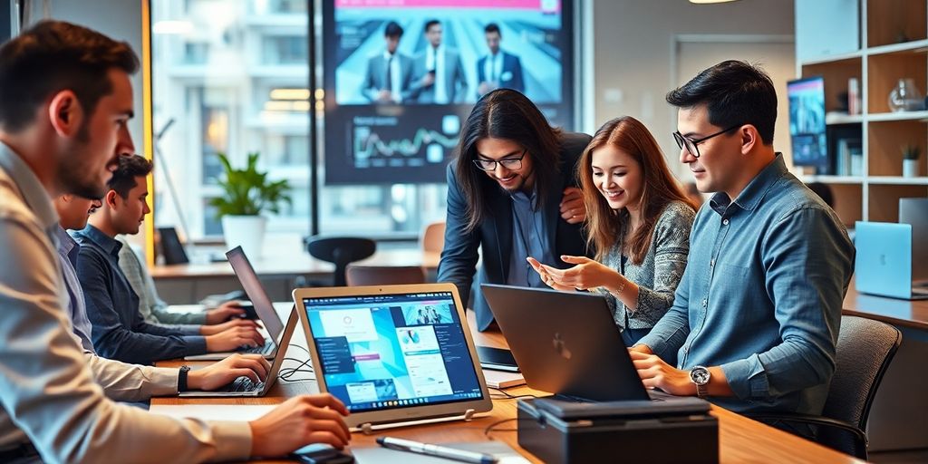 Professionals collaborating in a modern business environment.
