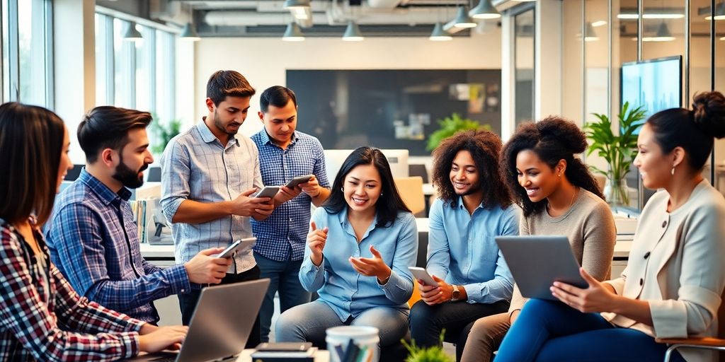 Diverse entrepreneurs collaborating in a modern office space.