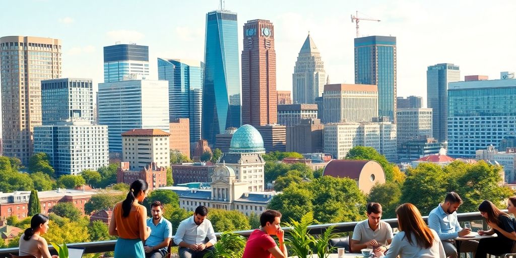 Boston skyline with entrepreneurs in a modern workspace.