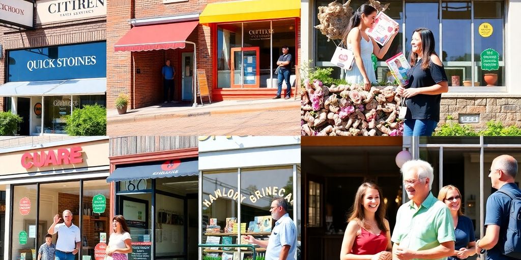 Diverse businesses with happy customers interacting outdoors.