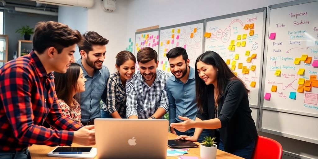 Diverse entrepreneurs collaborating in a lively startup workspace.