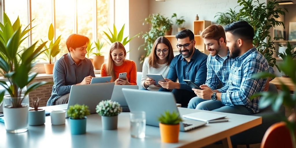 Group of diverse small business owners in a modern workspace.