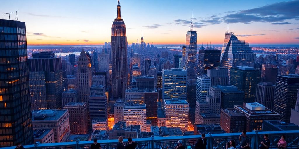 New York City skyline with modern buildings and tech activities.