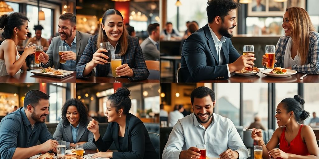 Diverse diners enjoying meals and sharing experiences together.