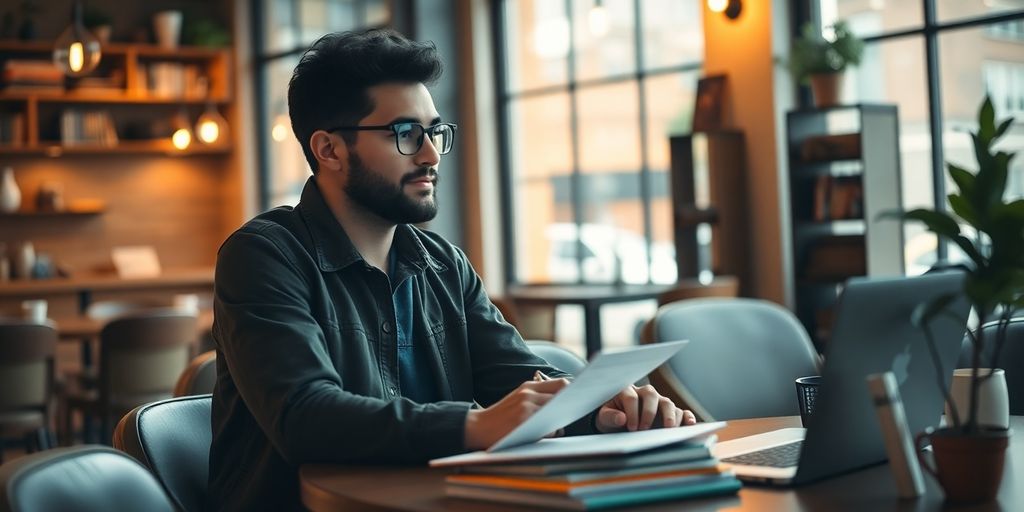 Young entrepreneur brainstorming startup ideas in a coffee shop.