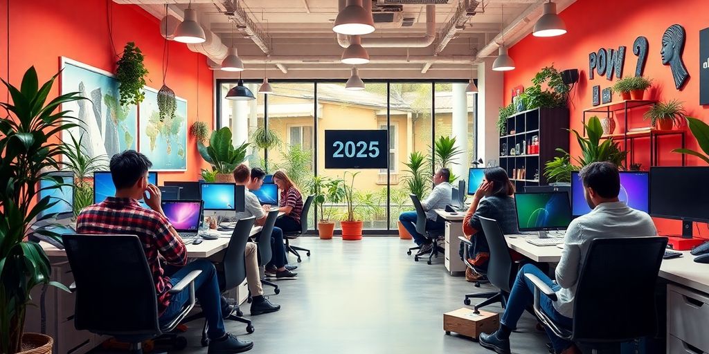 Modern workspace with innovative gadgets and collaboration.