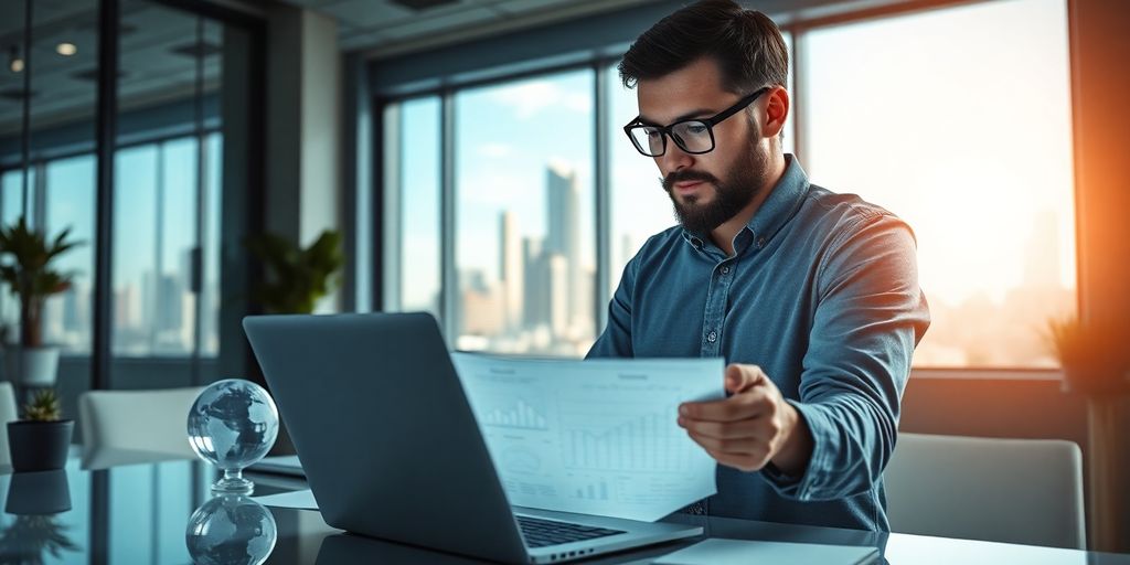 Business analyst with laptop in a modern office setting.