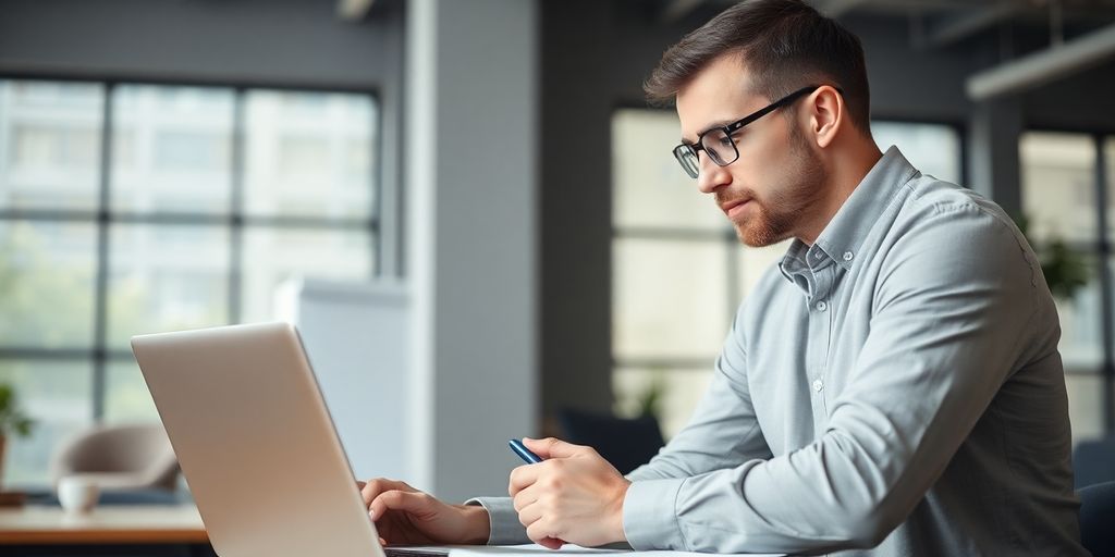 Entrepreneur researching market trends in a bright workspace.