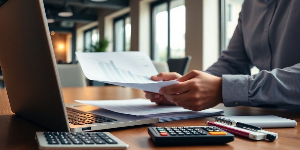 Business owner with documents in a cozy office setting.