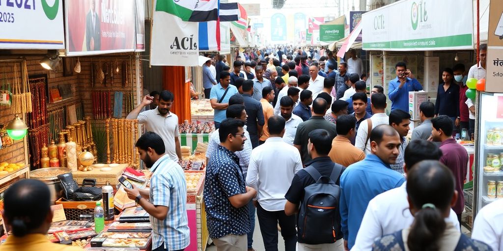 Vibrant Indian marketplace with entrepreneurs and innovative products.