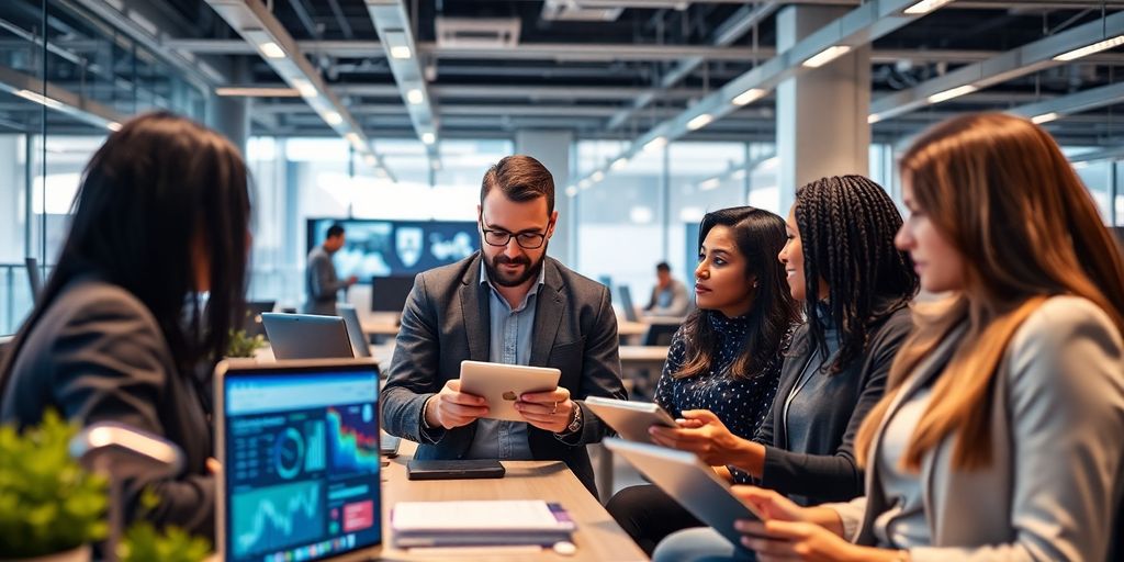 Diverse professionals collaborating in a modern office setting.