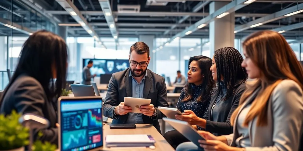 Diverse professionals collaborating in a modern office setting.
