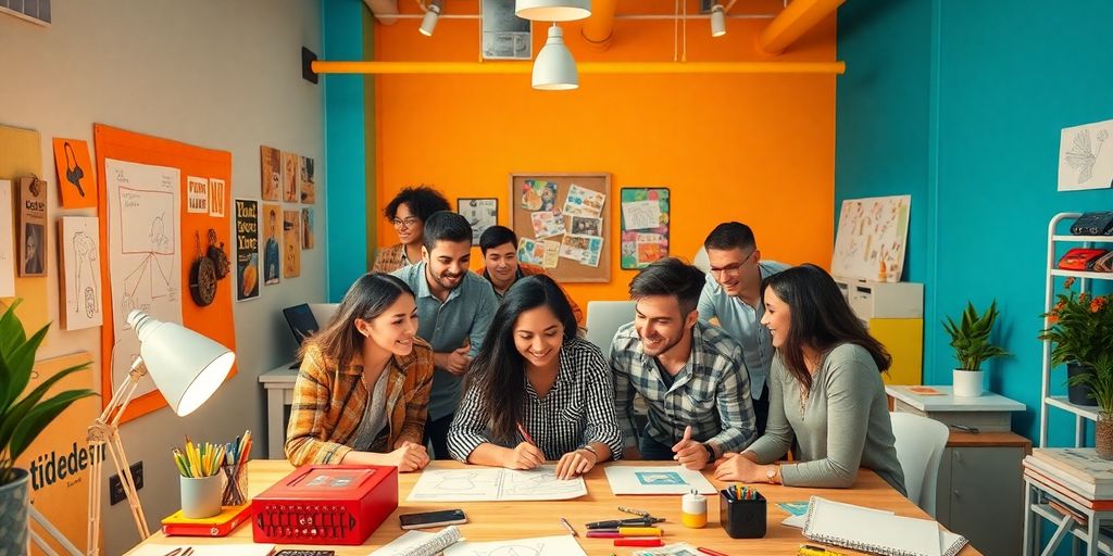 Diverse group collaborating in a bright, creative workspace.