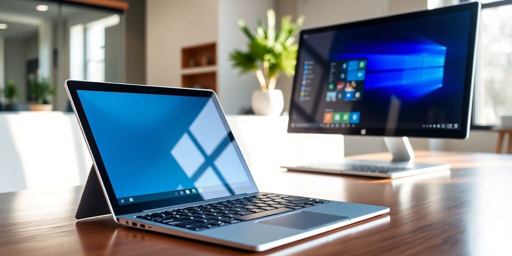 Modern office setup with Microsoft products and natural lighting.