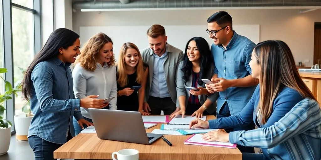 Group of entrepreneurs collaborating in a modern workspace.