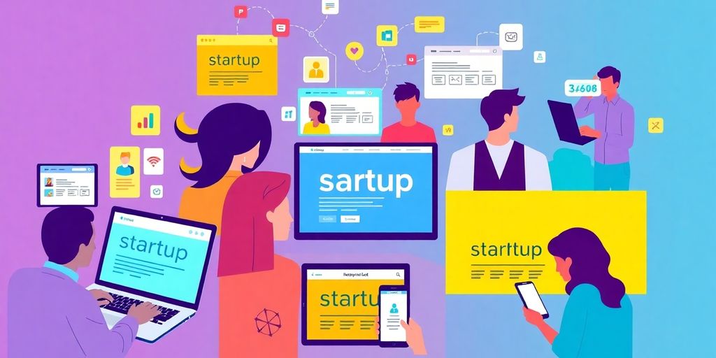 Diverse entrepreneurs using devices for startup research and resources.