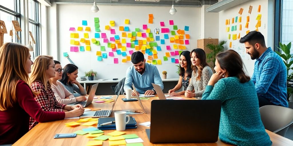 Entrepreneurs brainstorming innovative startup ideas in a modern workspace.