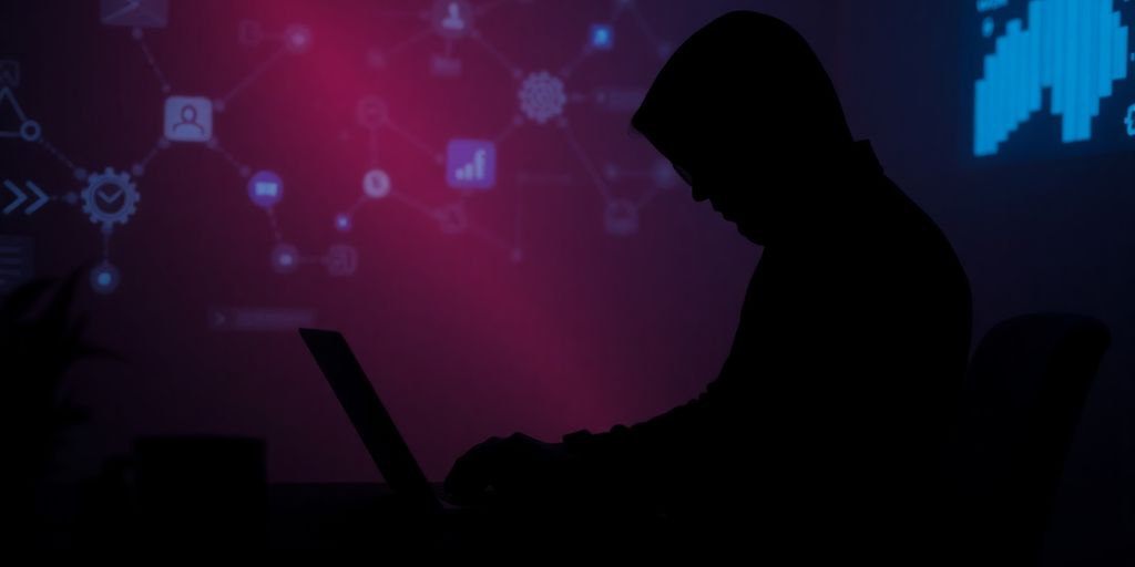 A person working on a laptop in a dark room.