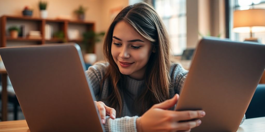 Person reading employee reviews on a laptop in a cozy setting.