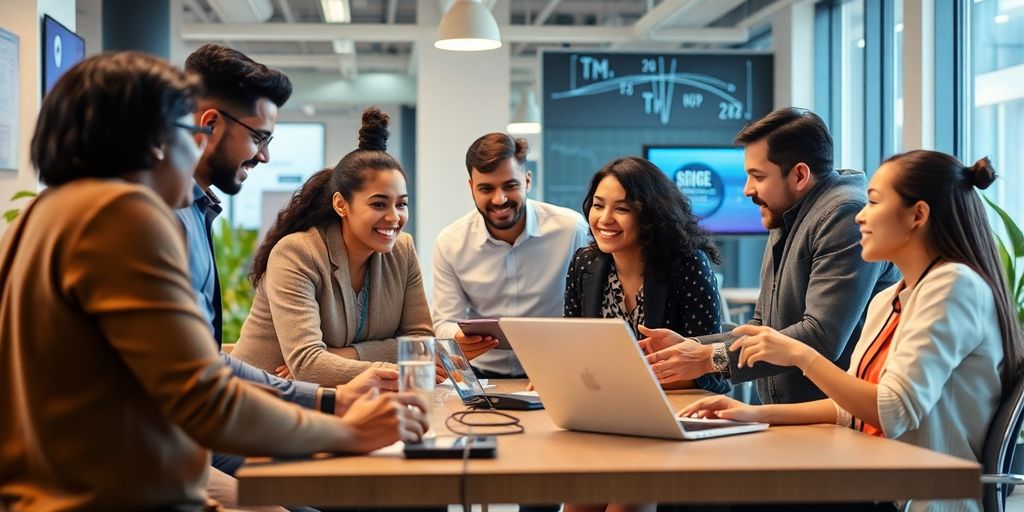 Diverse entrepreneurs collaborating in a modern startup office.