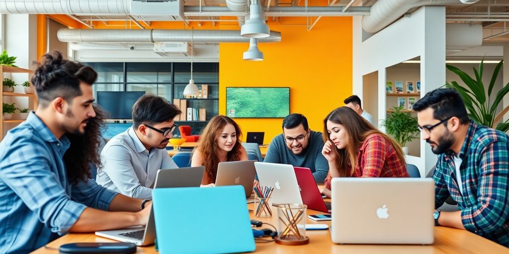 Diverse team collaborating in a modern tech workspace.