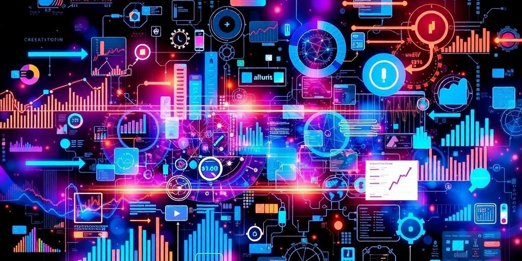 Collage of futuristic technology elements related to business intelligence.