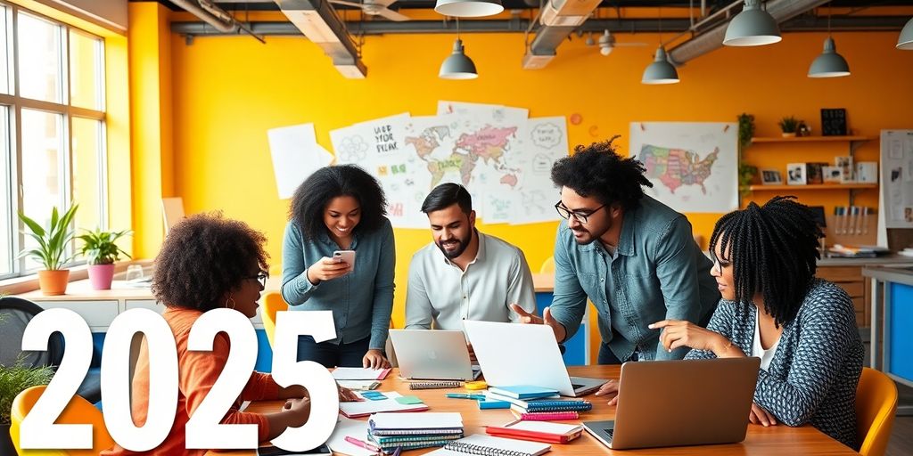 Diverse entrepreneurs collaborating in a vibrant workspace.
