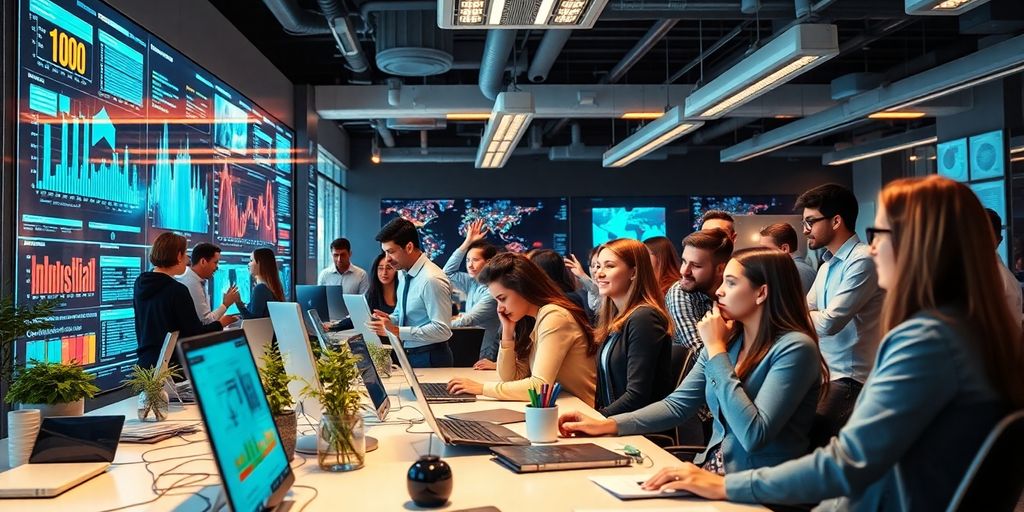 Futuristic office with diverse professionals and advanced technology.