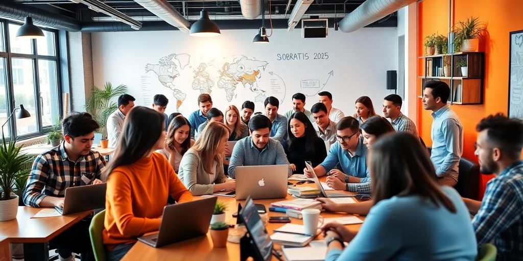 Entrepreneurs collaborating in a modern startup workspace.