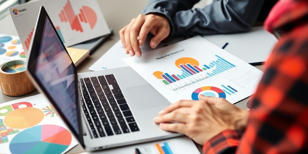 Small business owner examining data and product samples.