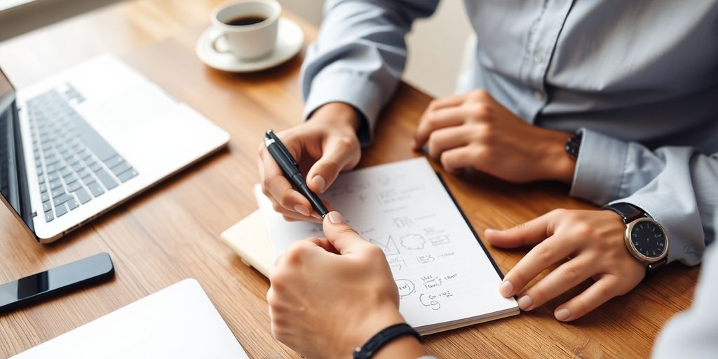 Entrepreneur brainstorming ideas at a wooden table.