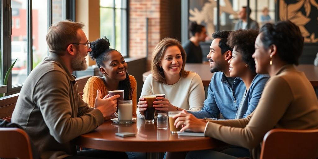 Diverse singles on a coffee date, capturing genuine connections.
