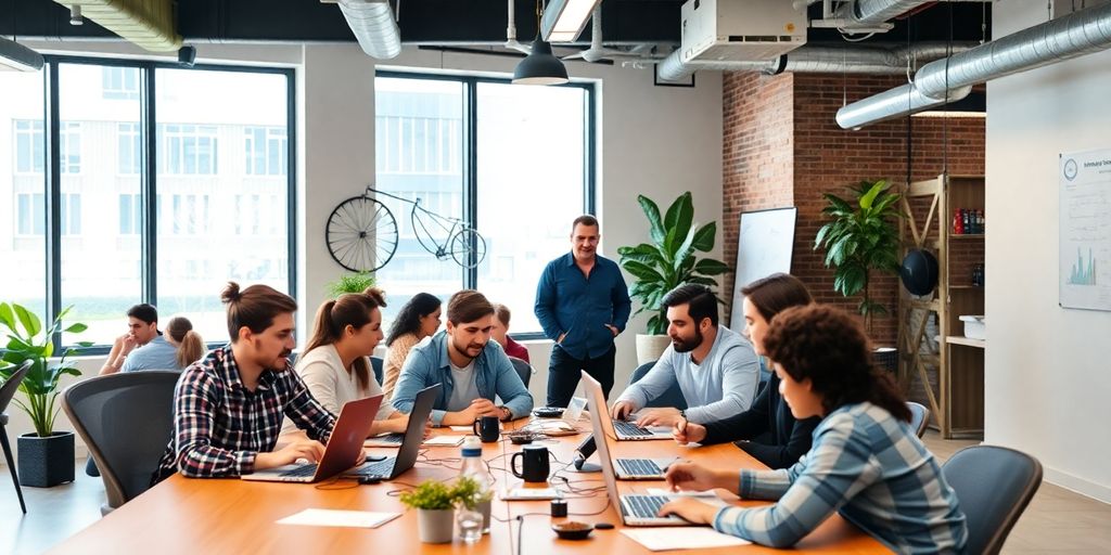 Diverse entrepreneurs collaborating in a vibrant startup workspace.