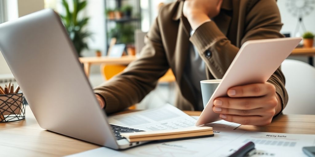 Entrepreneur reviewing a business plan in a modern workspace.