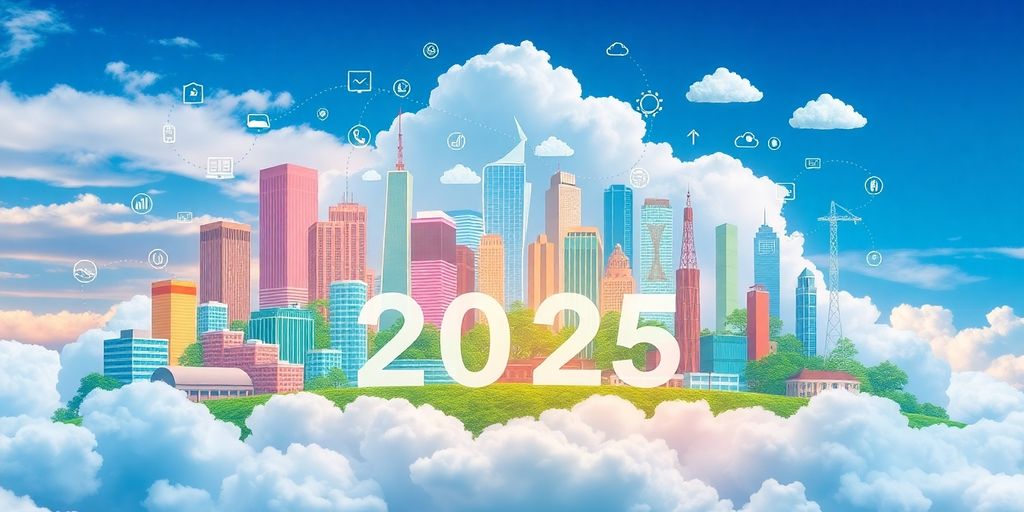 A colorful cloudscape with industry elements and technology icons.